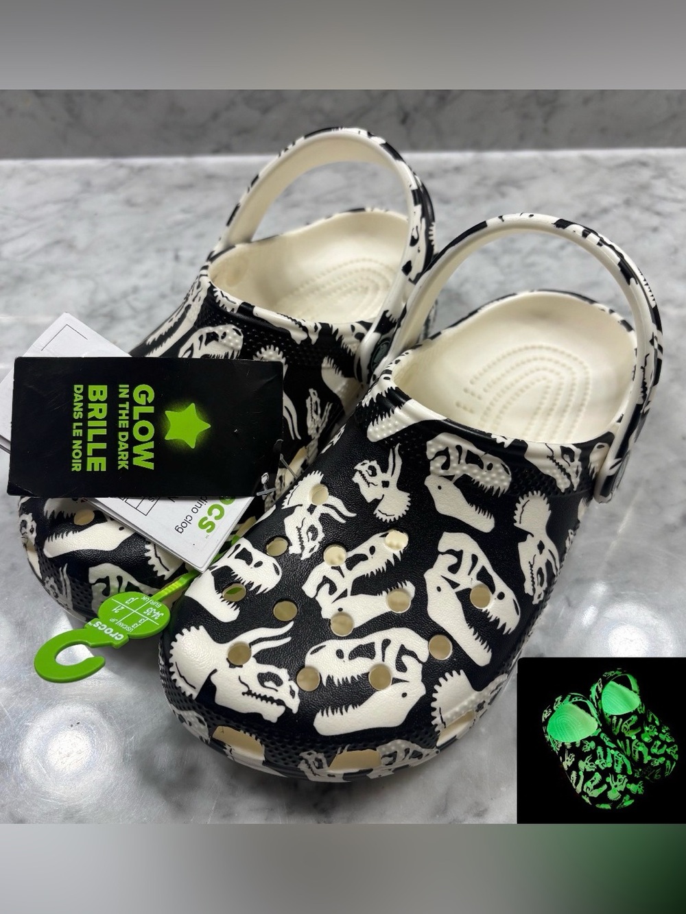Crocs T-Rex Dino Bones Dinosaur Clog Glow In The Dark Black White Youth Kid J3